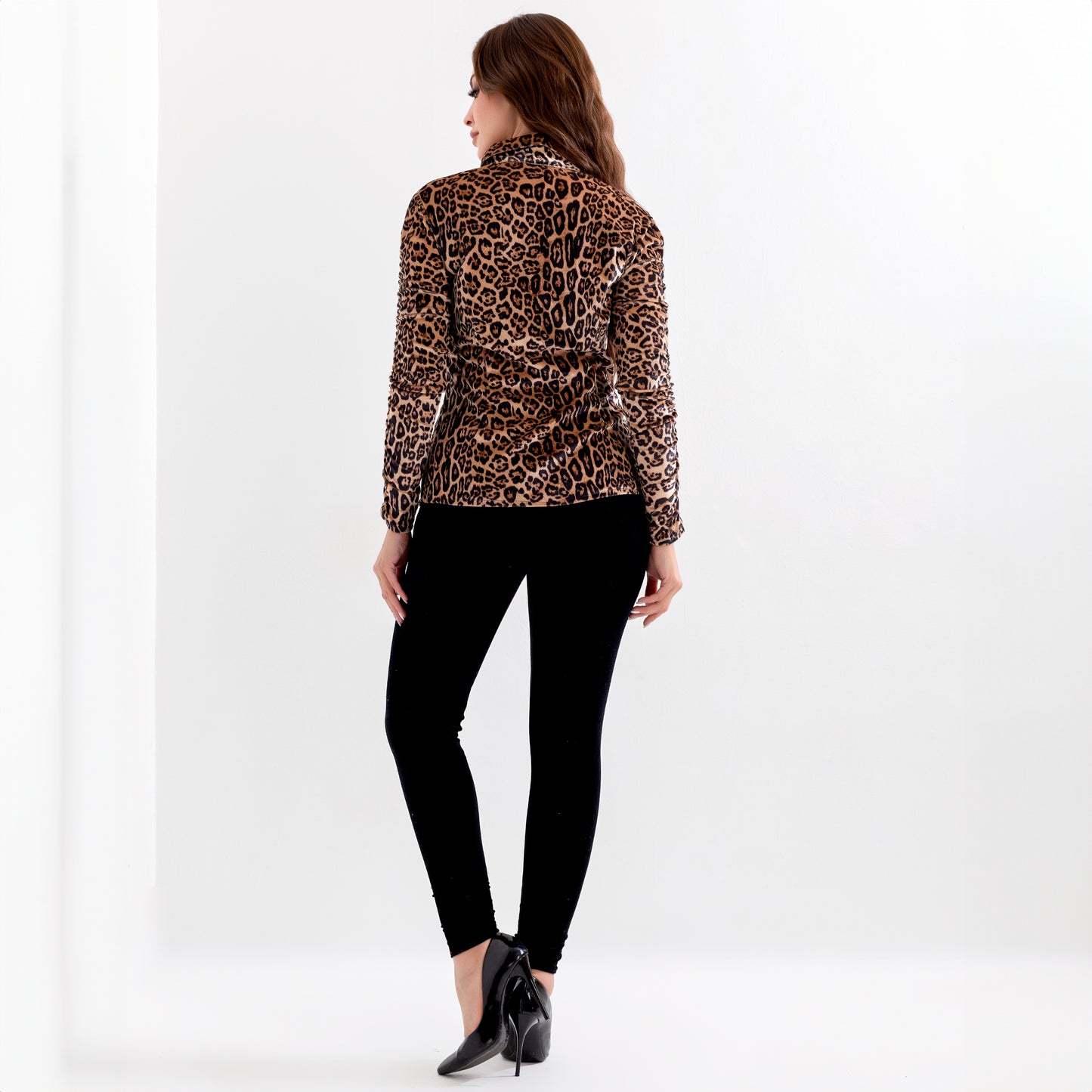 La Reine Leopard Long Sleeve Button Front Velvet Blouse