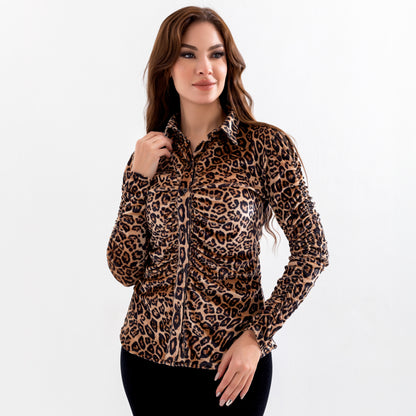 La Reine Leopard Long Sleeve Button Front Velvet Blouse