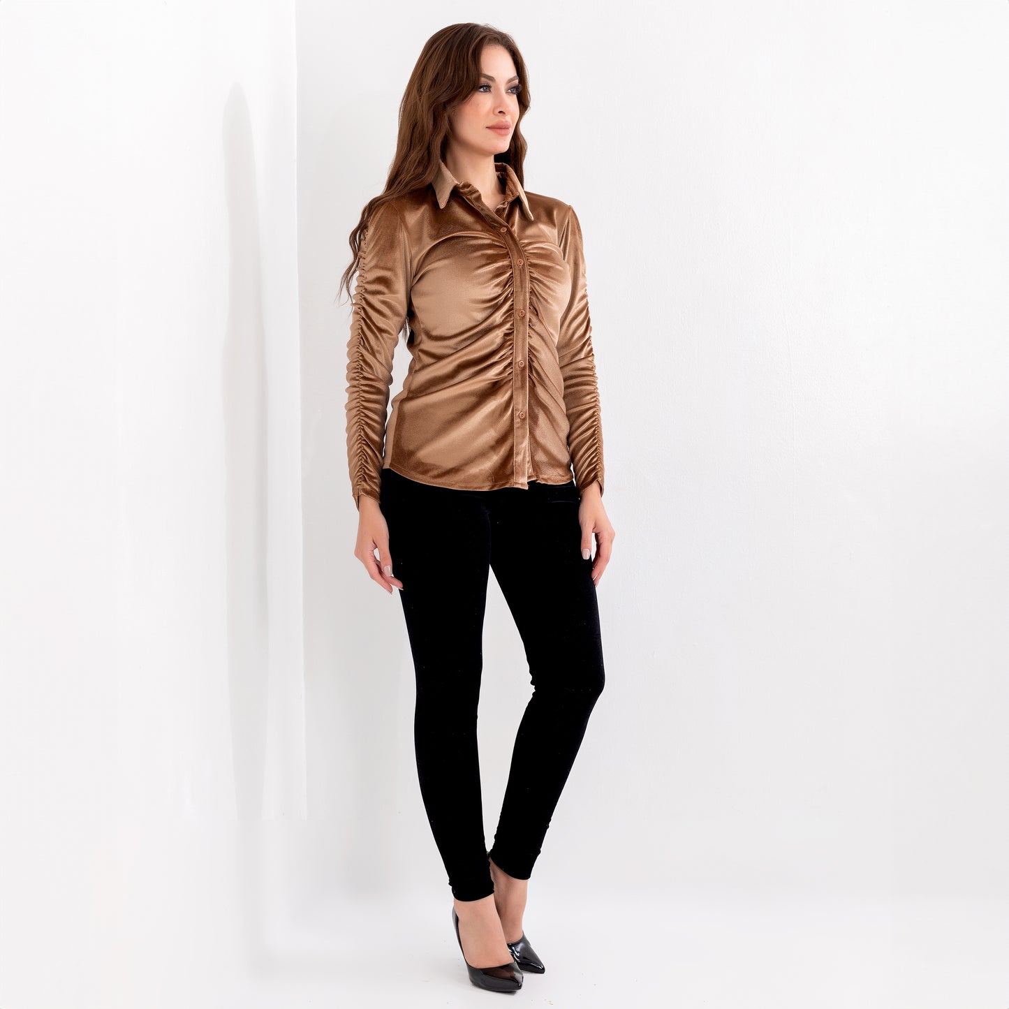 La Reine Goldy Long Sleeve Button Front Velvet Blouse