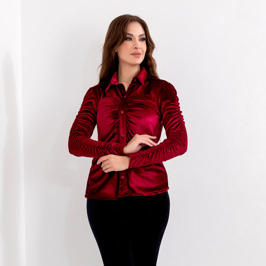 La Reine Burgundy Long Sleeve Button Front Velvet Blouse