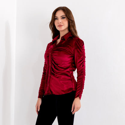 La Reine Burgundy Long Sleeve Button Front Velvet Blouse