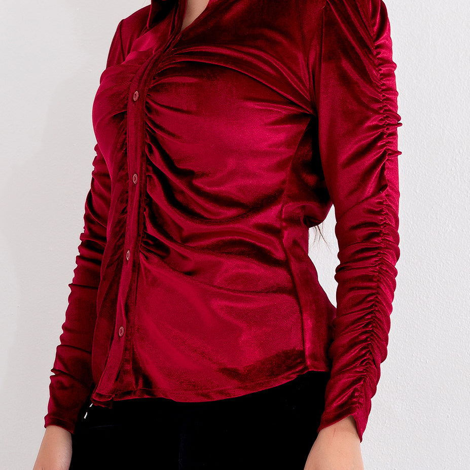 La Reine Burgundy Long Sleeve Button Front Velvet Blouse