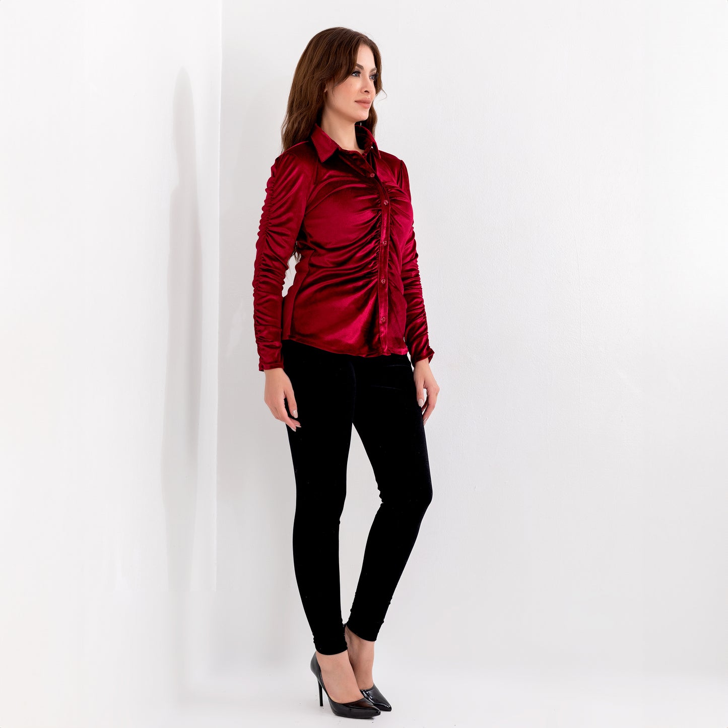 La Reine Burgundy Long Sleeve Button Front Velvet Blouse