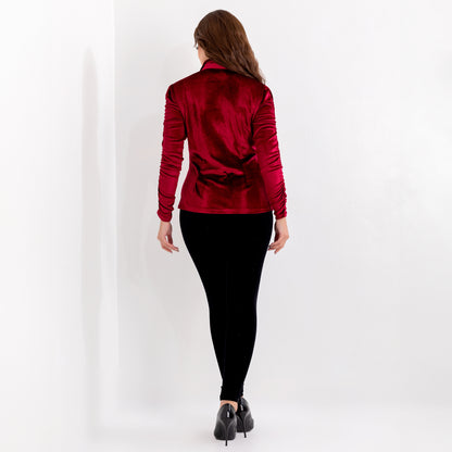 La Reine Burgundy Long Sleeve Button Front Velvet Blouse