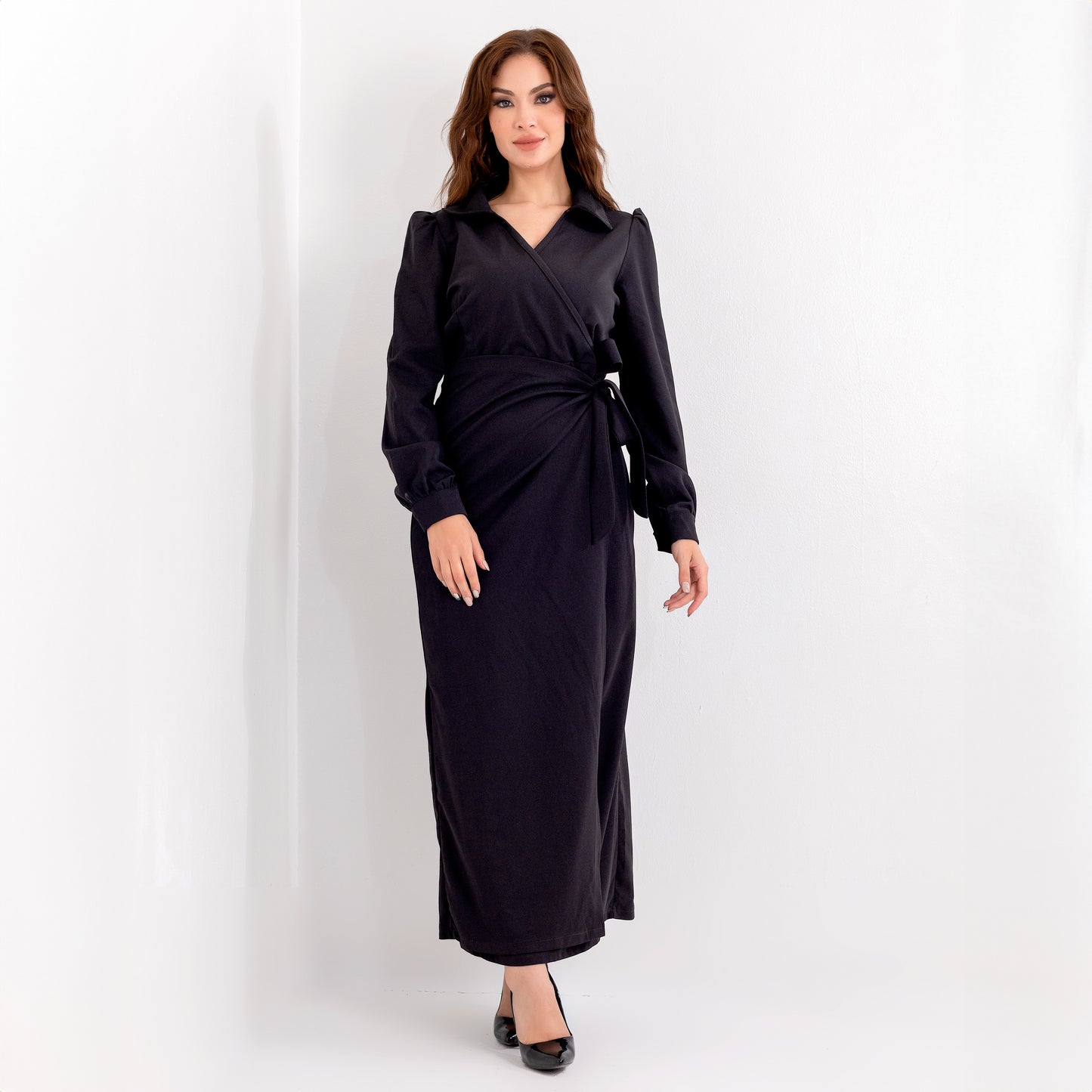 La Reine Black Wrap Style Fitted Maxi Dress