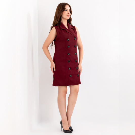 La Reine Burgundy Classic Double Front Buttons Mini Dress