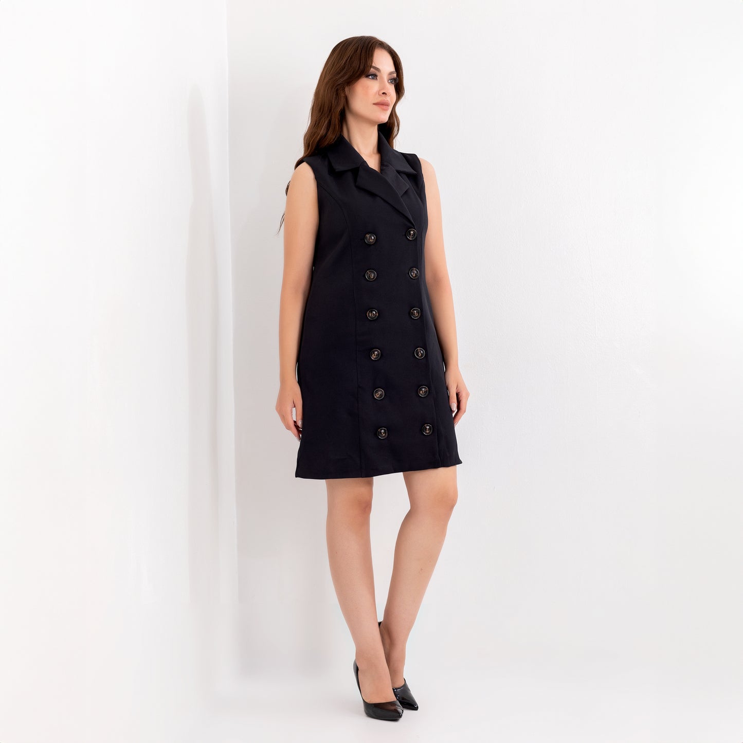 La Reine Black Classic Double Front Buttons Mini Dress