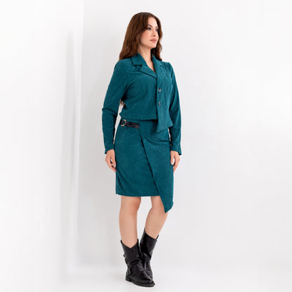 La Reine Elegant Jade Velvet Jacket with Skirt, Suit Set