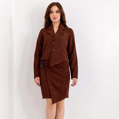 La Reine Elegant Brown Velvet Jacket with Skirt, Suit Set