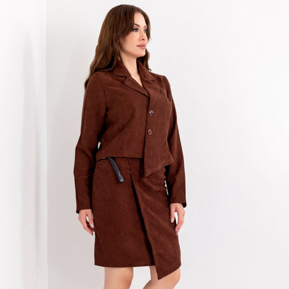 La Reine Elegant Brown Velvet Jacket with Skirt, Suit Set