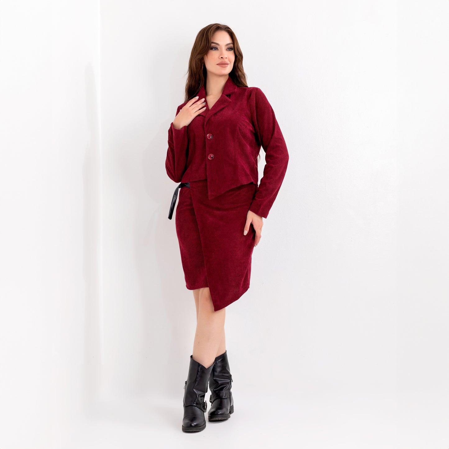 La Reine Elegant Burgundy Velvet Jacket with Skirt, Suit Set