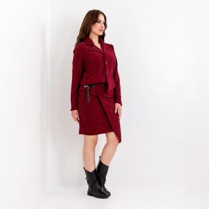 La Reine Elegant Burgundy Velvet Jacket with Skirt, Suit Set