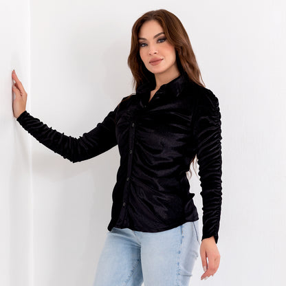 La Reine Black Long Sleeve Button Front Velvet Blouse