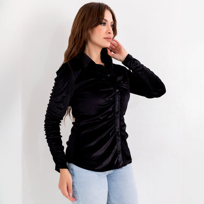 La Reine Black Long Sleeve Button Front Velvet Blouse