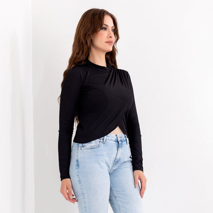 La Reine Black Fitted Pleated Wrap Basic Top