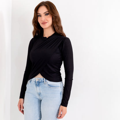 La Reine Black Fitted Pleated Wrap Basic Top