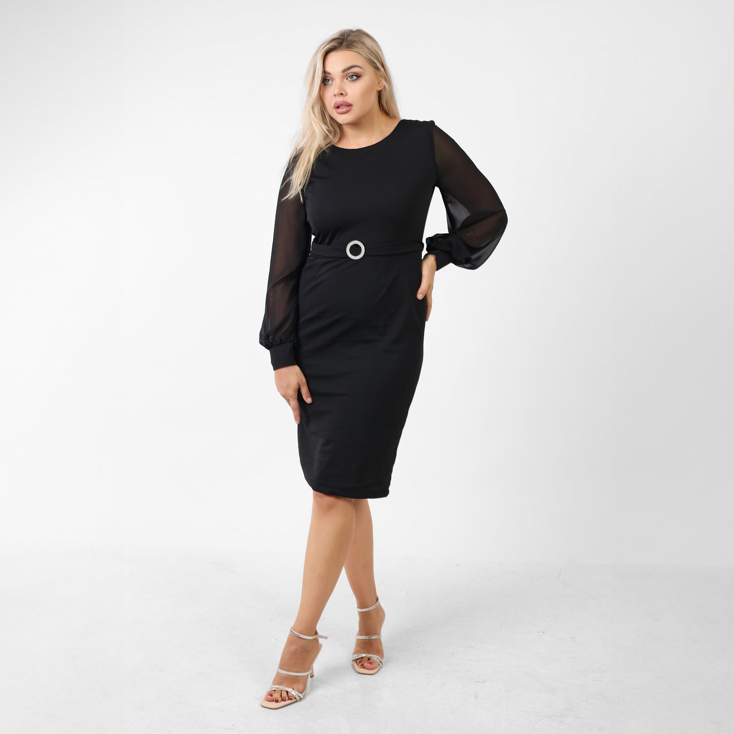 La Reine Black Bodycon Dress with Chiffon Lantern Sleeves and Strass Belt