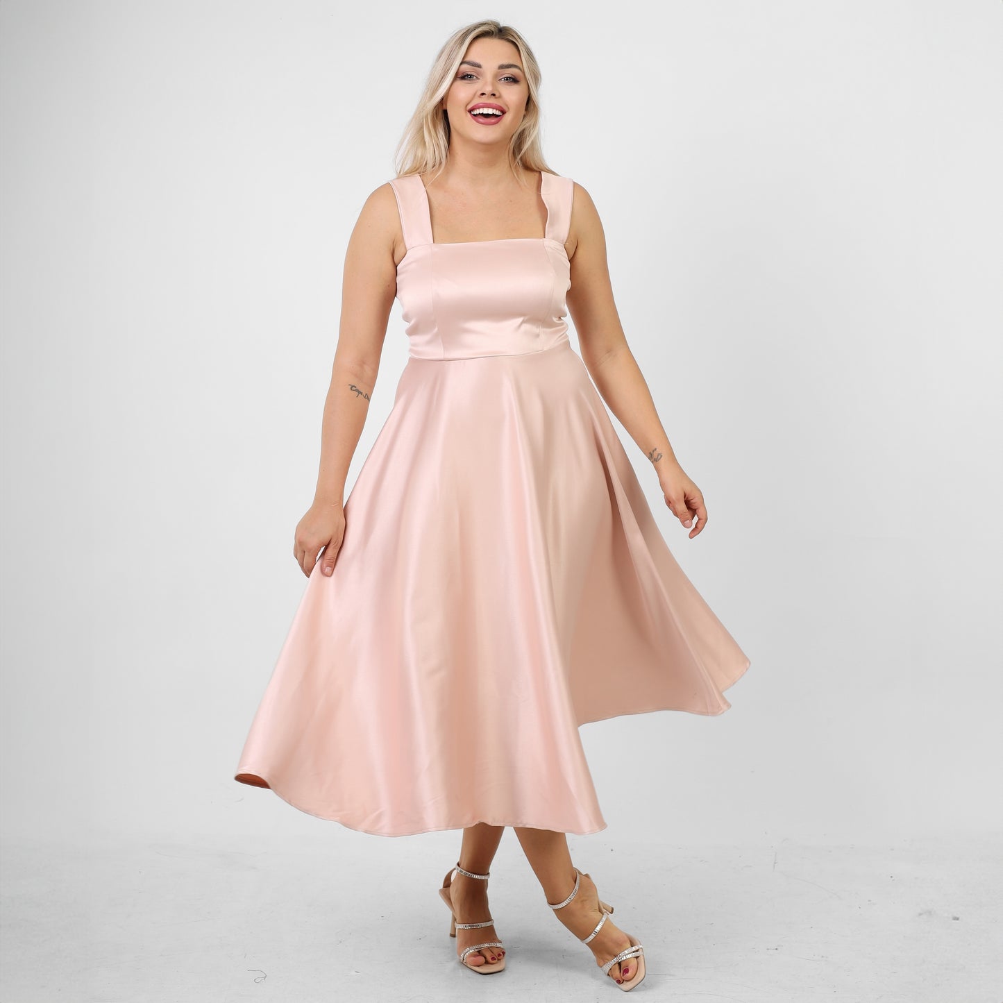 La Reine Rose Ruched Satin wide Midi Satin Dress