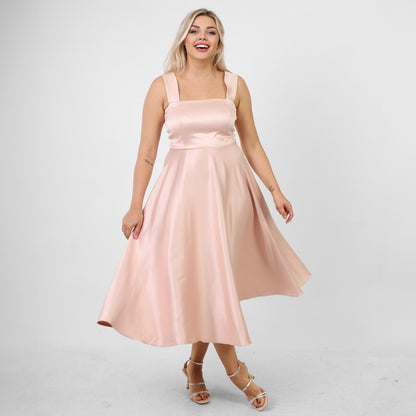 La Reine Rose Ruched Satin wide Midi Satin Dress