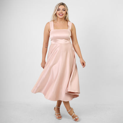 La Reine Rose Ruched Satin wide Midi Satin Dress