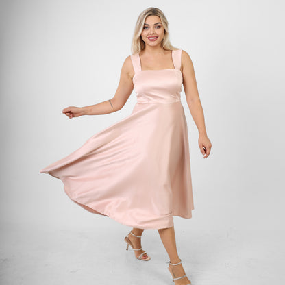 La Reine Rose Ruched Satin wide Midi Satin Dress