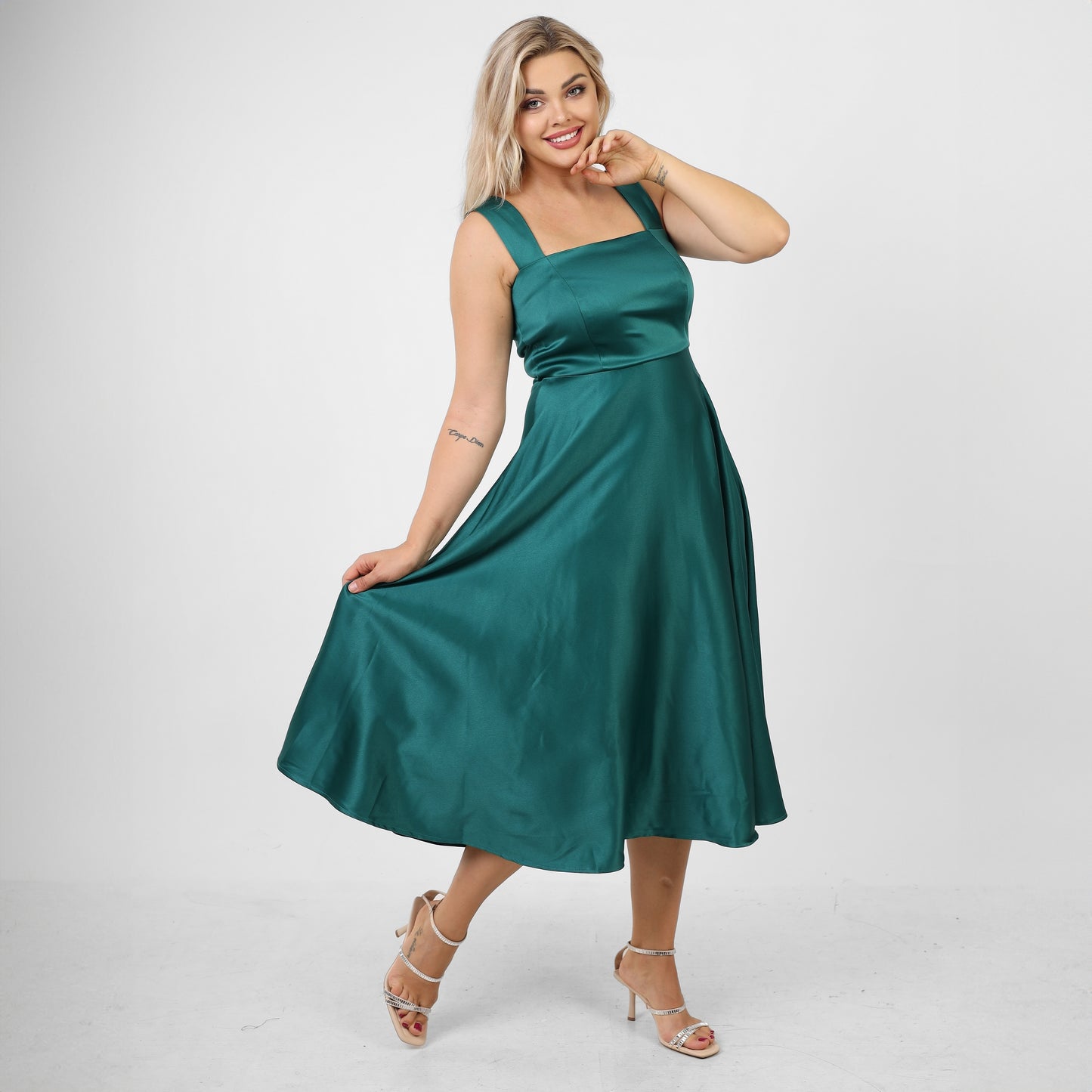 La Reine Green Ruched Satin wide Midi Satin Dress