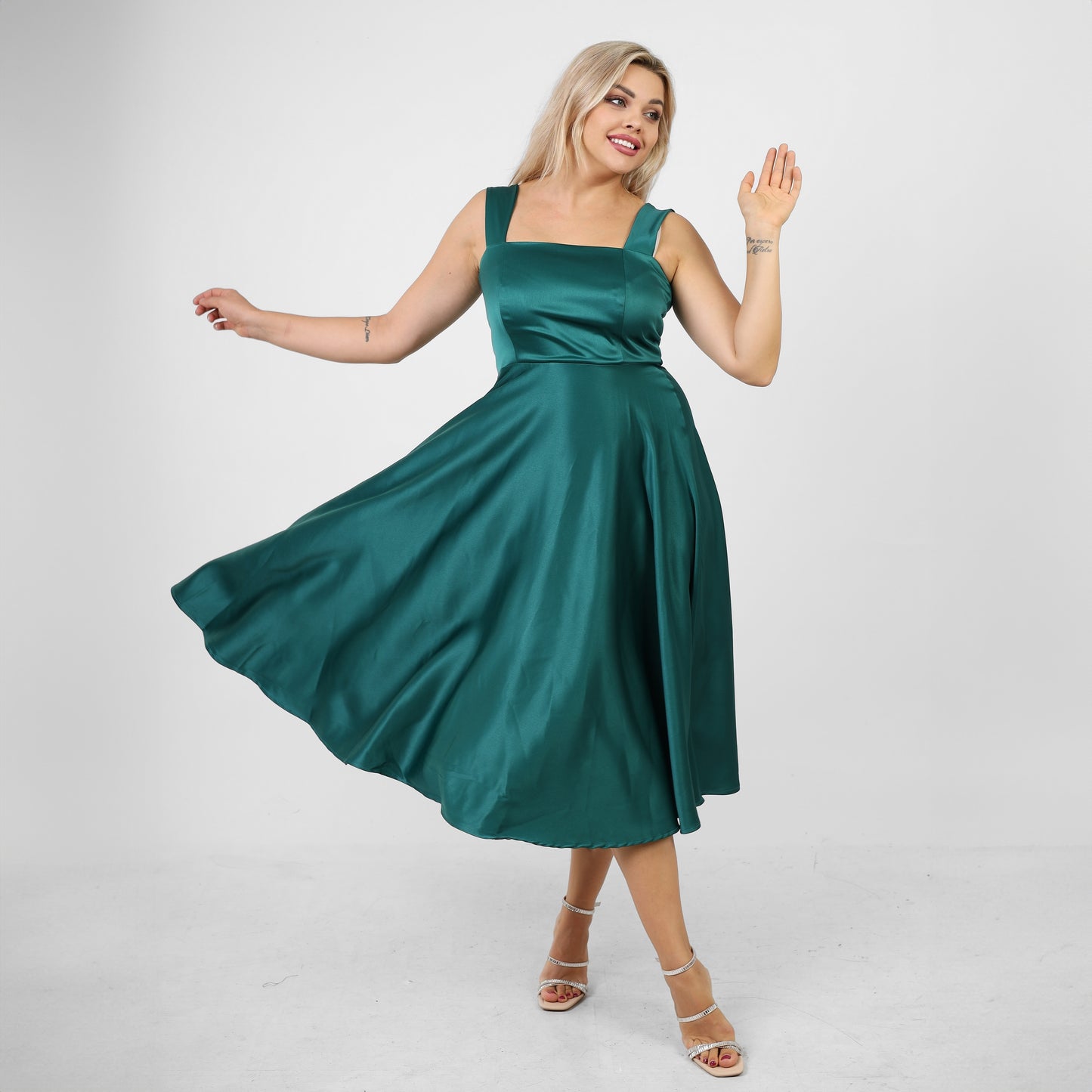 La Reine Green Ruched Satin wide Midi Satin Dress