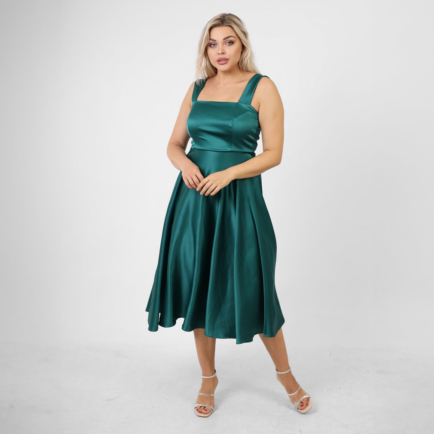 La Reine Green Ruched Satin wide Midi Satin Dress