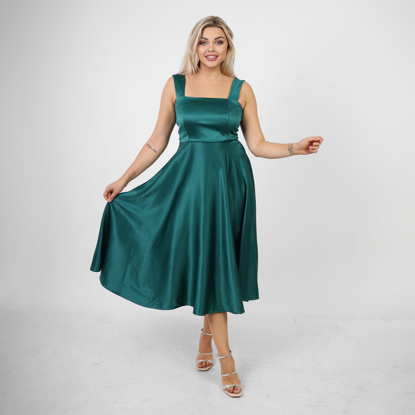 La Reine Green Ruched Satin wide Midi Satin Dress