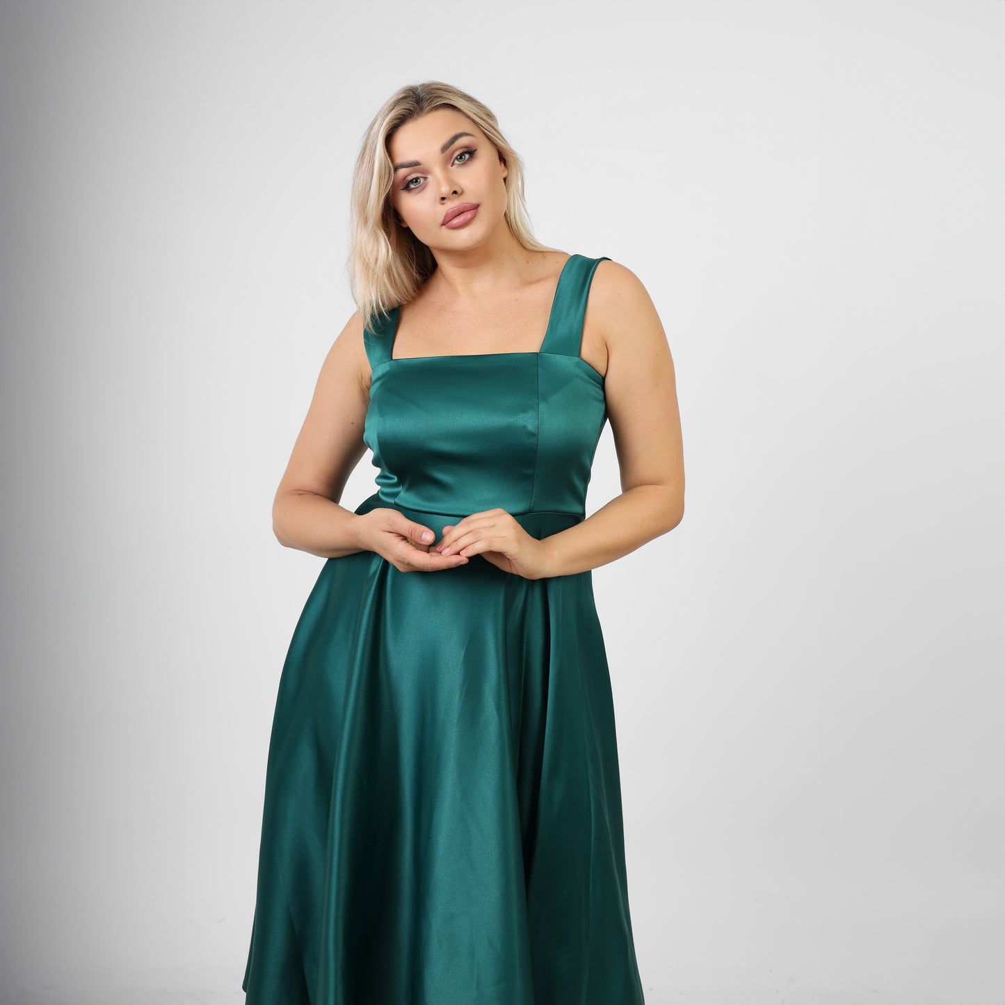 La Reine Green Ruched Satin wide Midi Satin Dress