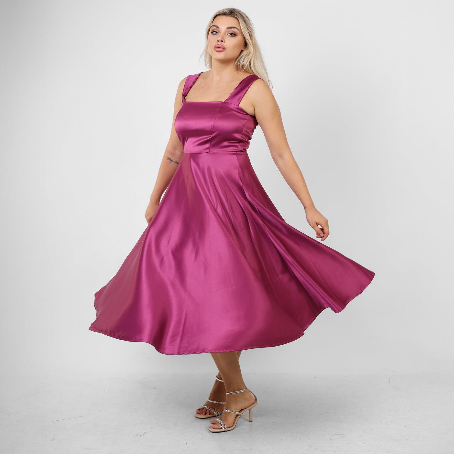 La Reine Purple Ruched Satin wide Midi Satin Dress