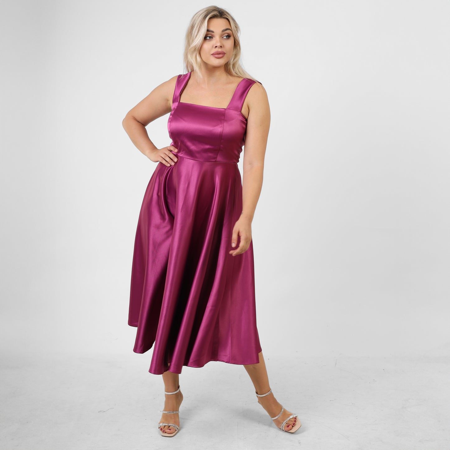 La Reine Purple Ruched Satin wide Midi Satin Dress