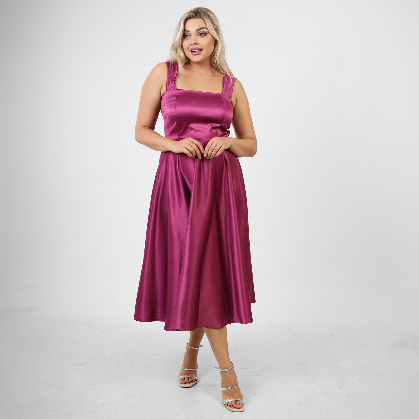 La Reine Purple Ruched Satin wide Midi Satin Dress