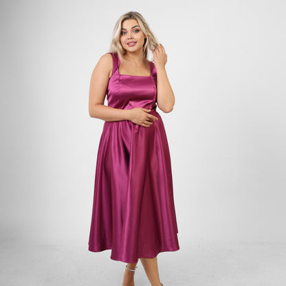 La Reine Purple Ruched Satin wide Midi Satin Dress