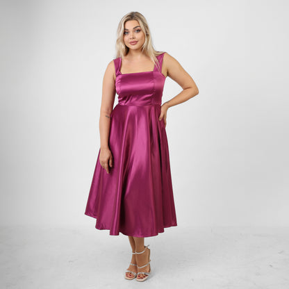 La Reine Purple Ruched Satin wide Midi Satin Dress