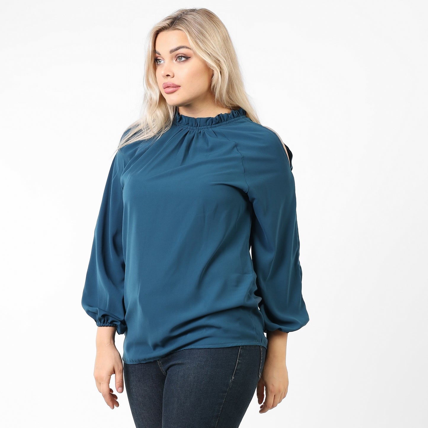 La Reine Solid Off-the-shoulder Frill Trimmed Blouse