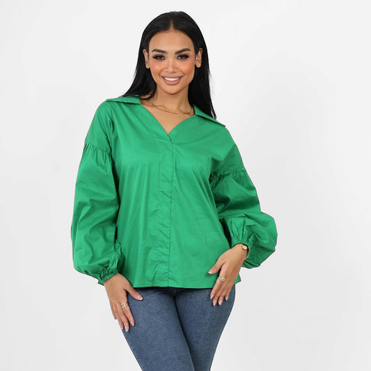 La Reine Poplin Solid V Neck Lantern Long Sleeve Blouse Green