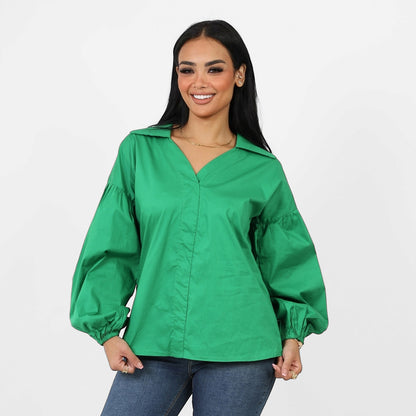 La Reine Poplin Solid V Neck Lantern Long Sleeve Blouse Green