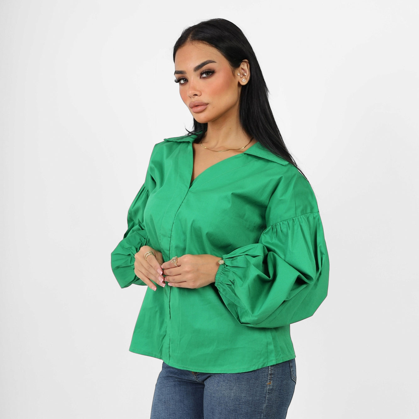 La Reine Poplin Solid V Neck Lantern Long Sleeve Blouse Green