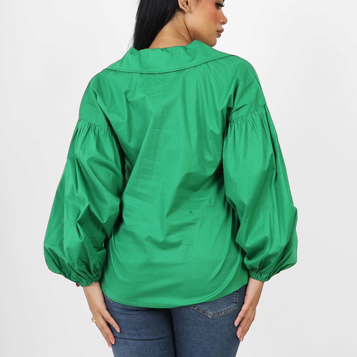 La Reine Poplin Solid V Neck Lantern Long Sleeve Blouse Green