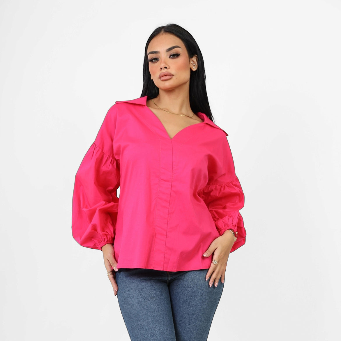 La Reine Poplin Solid V Neck Lantern Long Sleeve Blouse Fuchsia