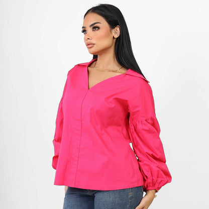 La Reine Poplin Solid V Neck Lantern Long Sleeve Blouse Fuchsia