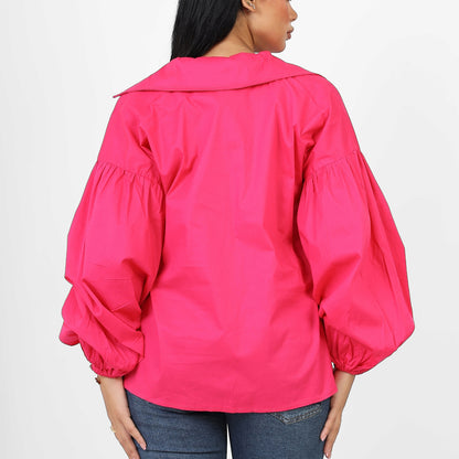 La Reine Poplin Solid V Neck Lantern Long Sleeve Blouse Fuchsia