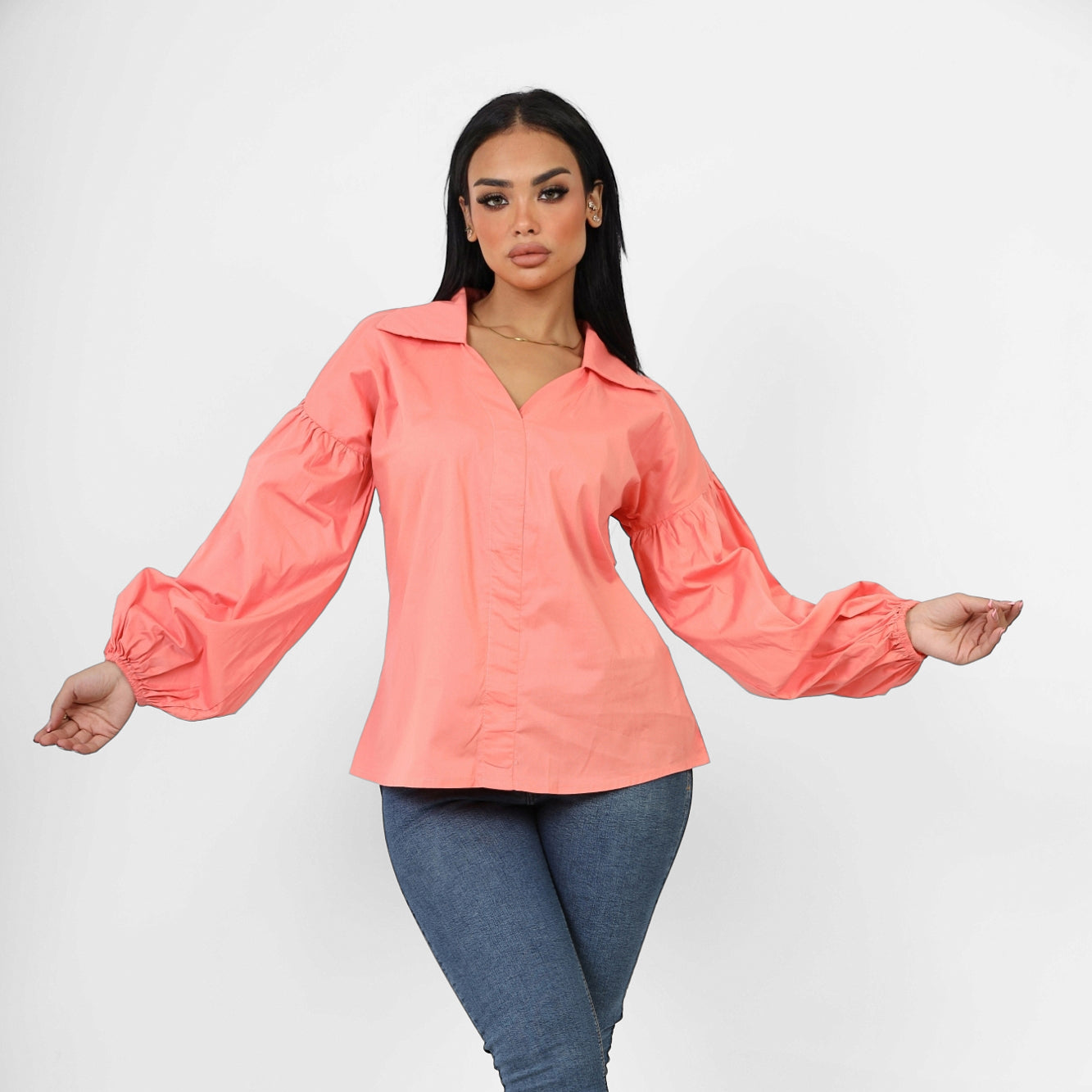 La Reine Poplin Solid V Neck Lantern Long Sleeve Blouse Simon