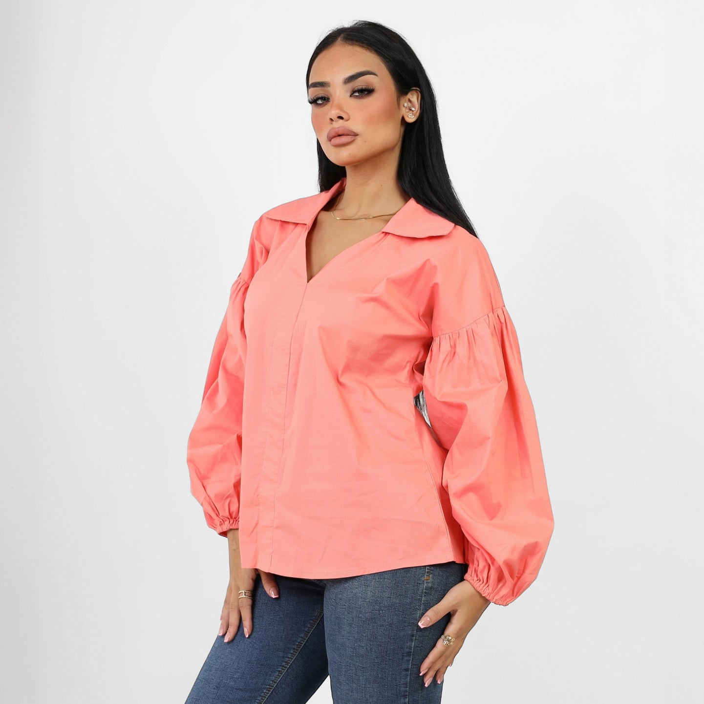 La Reine Poplin Solid V Neck Lantern Long Sleeve Blouse Simon