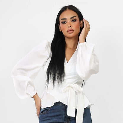 La Reine Collar Wrap Knot Side Satin Blouse Off-White