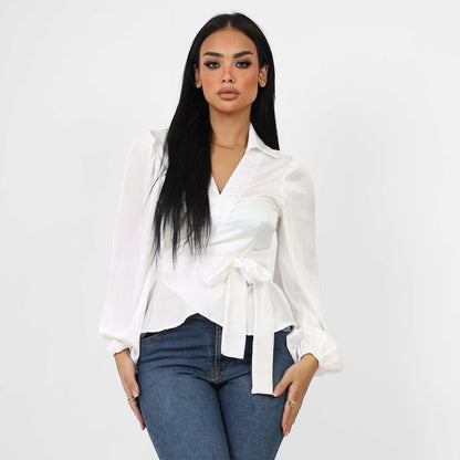 La Reine Collar Wrap Knot Side Satin Blouse Off-White