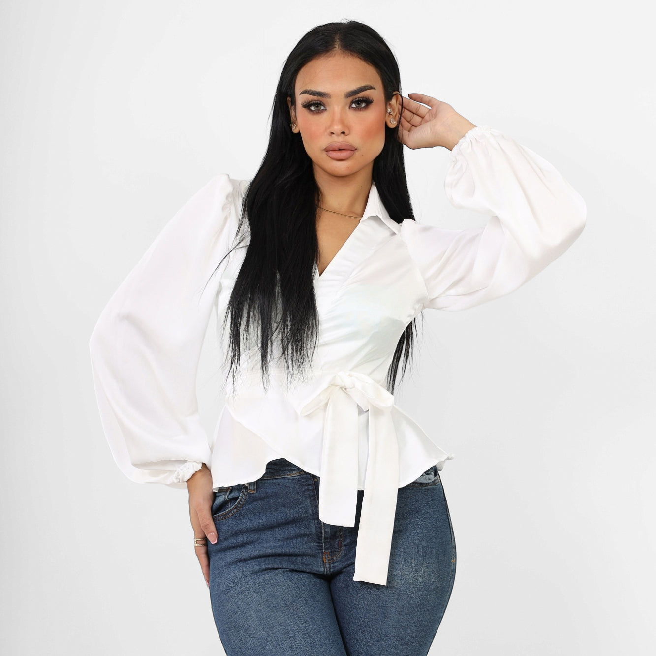 La Reine Collar Wrap Knot Side Satin Blouse Off-White