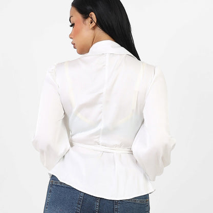 La Reine Collar Wrap Knot Side Satin Blouse Off-White