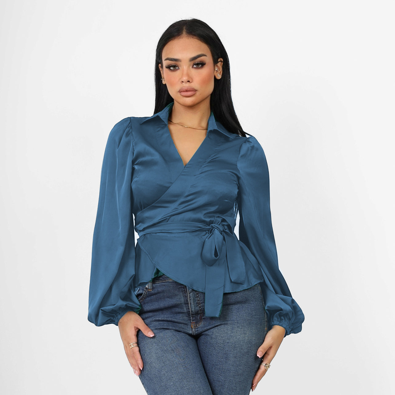 La Reine Collar Wrap Knot Side Satin Blouse Olive